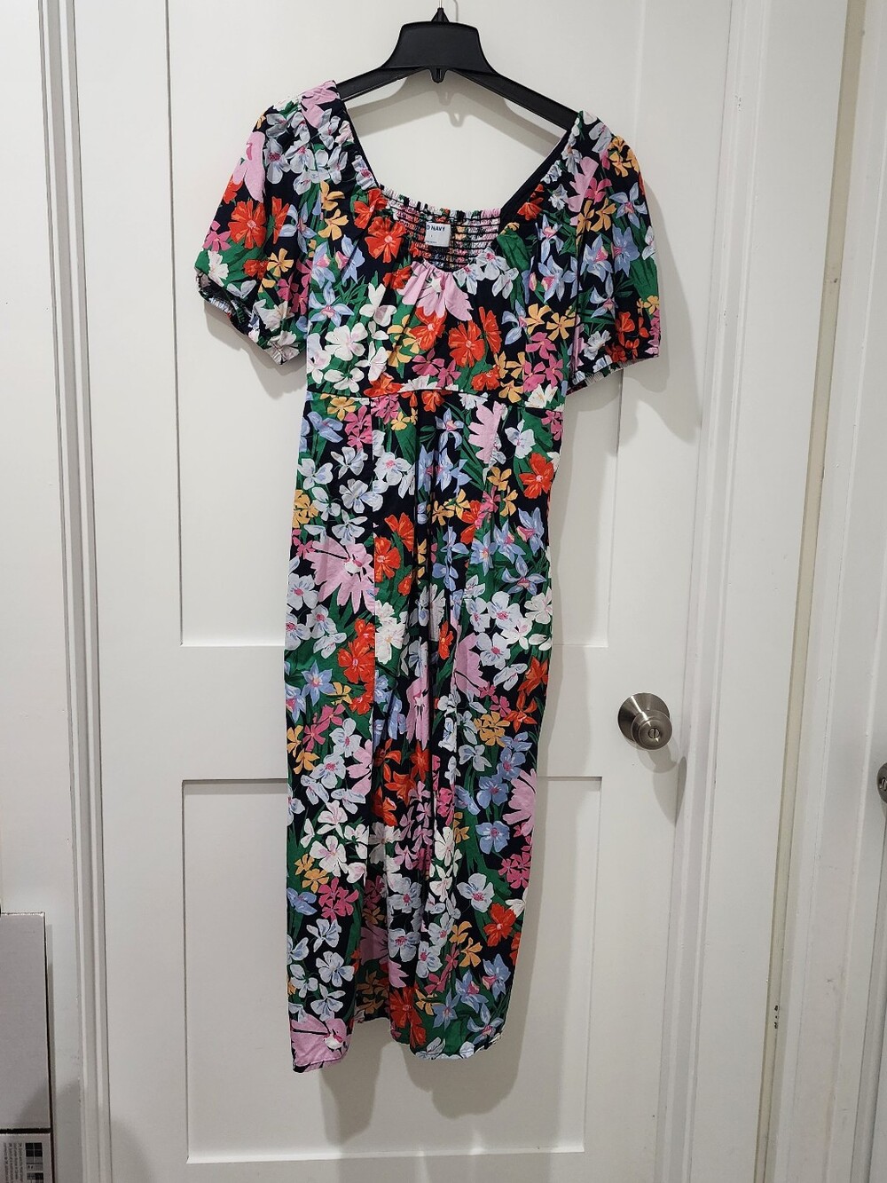 Floral Puff-Sleeve Maxi Dress in Black with Multicolor Blooms